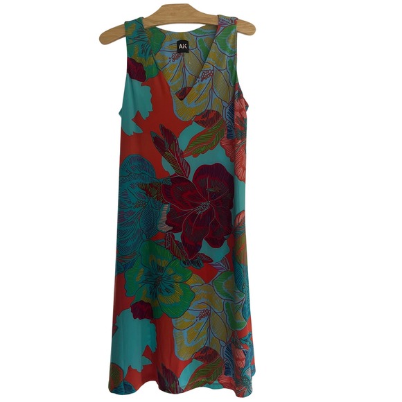 NWOT AK Anne Klein Floral Dress Sleeveless V Neck Red Turquoise Size 8 - Picture 1 of 6